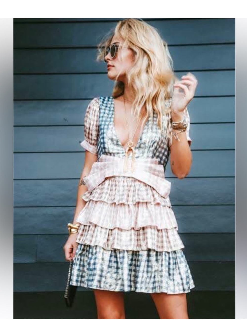 LoveShackFancy Lucinda Metallic Plaid Tiered Bow Mini Dress - Picture 3 of 6
